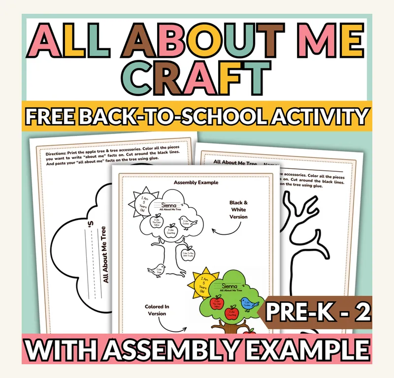The All About Me Tree craft, a printable tree with apples and leaves a child fills in with their name, age and favourites, shown in colour and black-and-white versions with an assembly example.