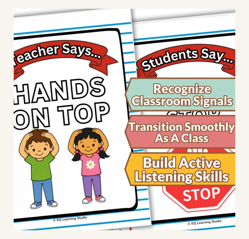 Classroom callback posters showing teacher-says and students-say attention signal cards