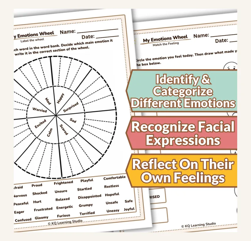 The Emotions Wheel printable, a colour-coded feelings wheel with matching scenario worksheets