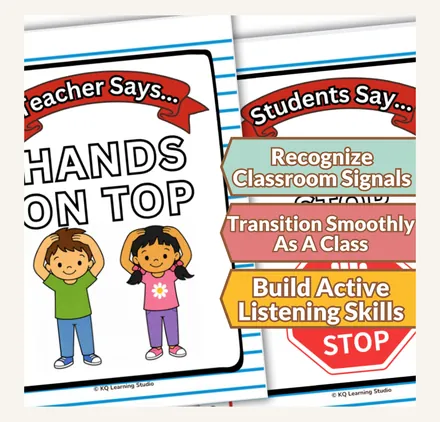 Classroom callback posters showing teacher-says and students-say attention signal cards.