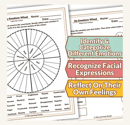 The Emotions Wheel printable, a colour-coded feelings wheel with matching worksheets.