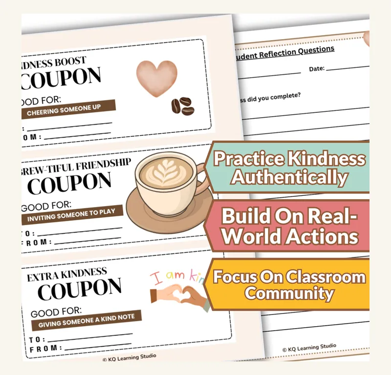 Kindness Coupons printable with tear-off coupons for classroom acts of kindness, with a tracker